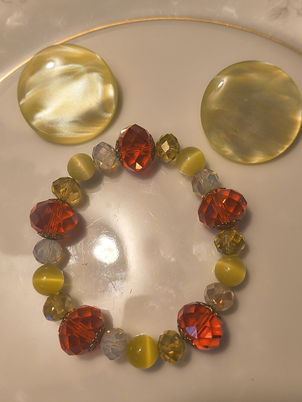 YELLOW Cats Eye & Red Crystal Beaded Bracelet Clip On Earrings Set
